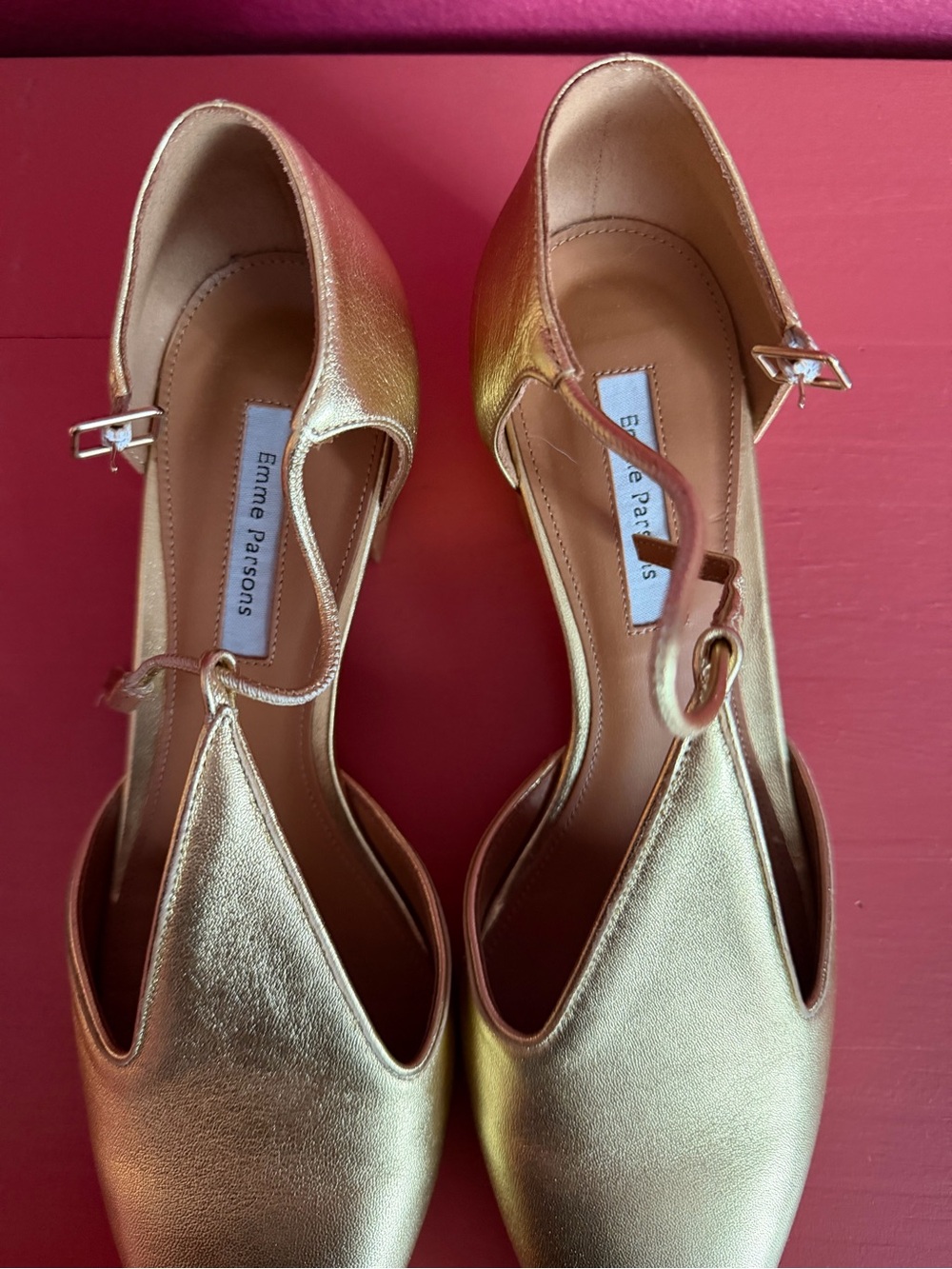 Emme Parsons Gold Leather Pointed Flats with Ankle Strap